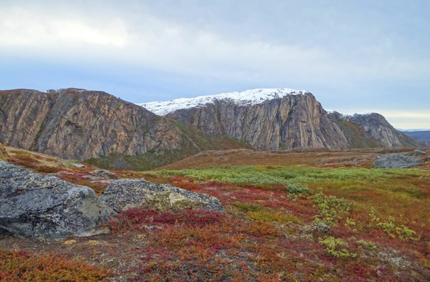 Along the Arctic Circle Trail in autumn - coloured vegetation and fresh snow on the hills