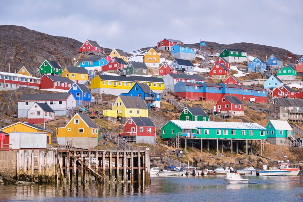 Colourful houses and the harbour in Kangaamiut, 50km north of Maniitsoq in West Greenland