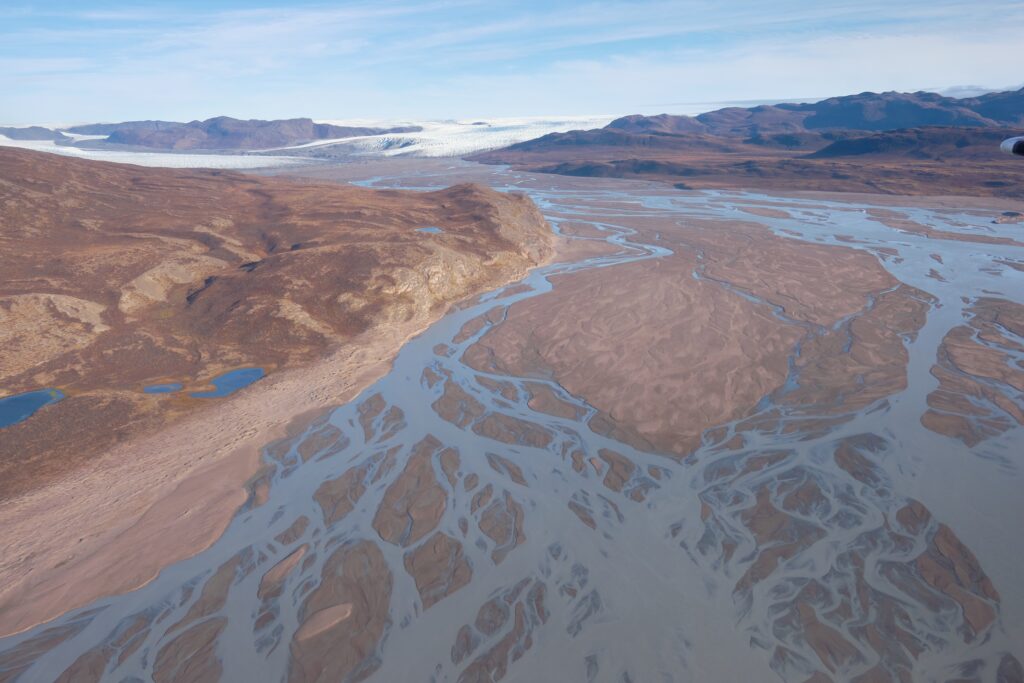 Scenic flight near Kangerlussuaq with a view of the Watson River valley leading up to the Greenland Ice Sheet - West Greenland