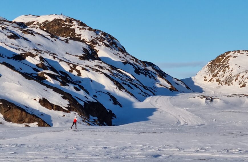 Lone cross-country skiier enjoying the graded tracks near Sisimiut - West Greenland