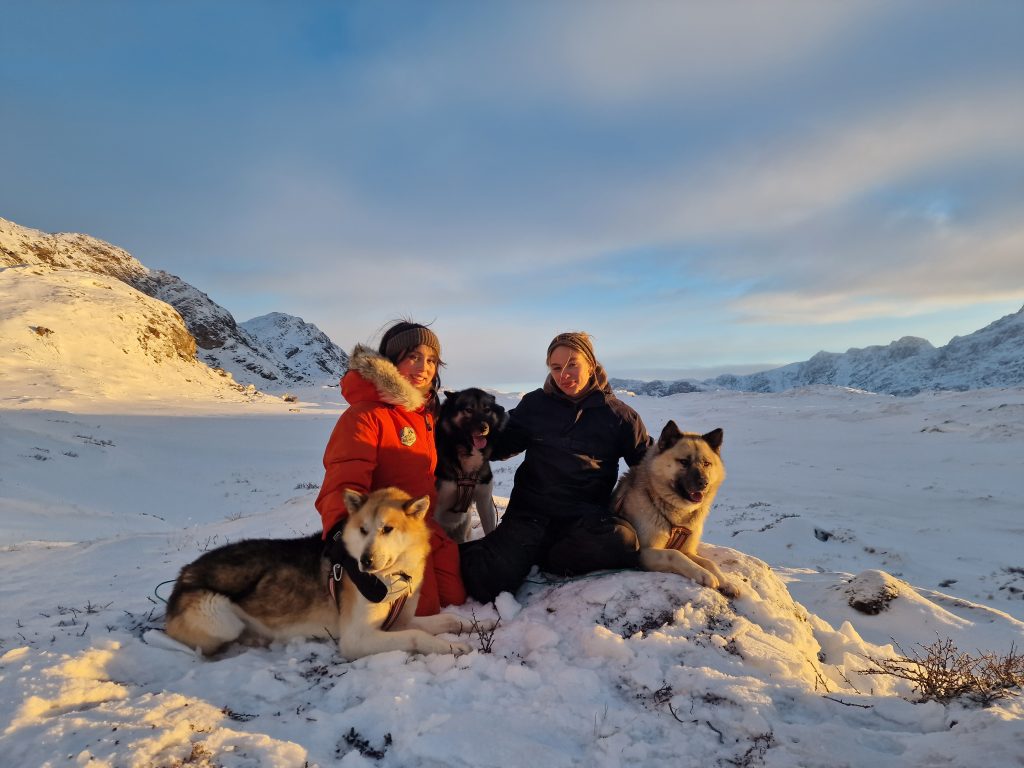 Two tourists hanging out with Greenlandic dogs in the winter backcountry near Sisimiut